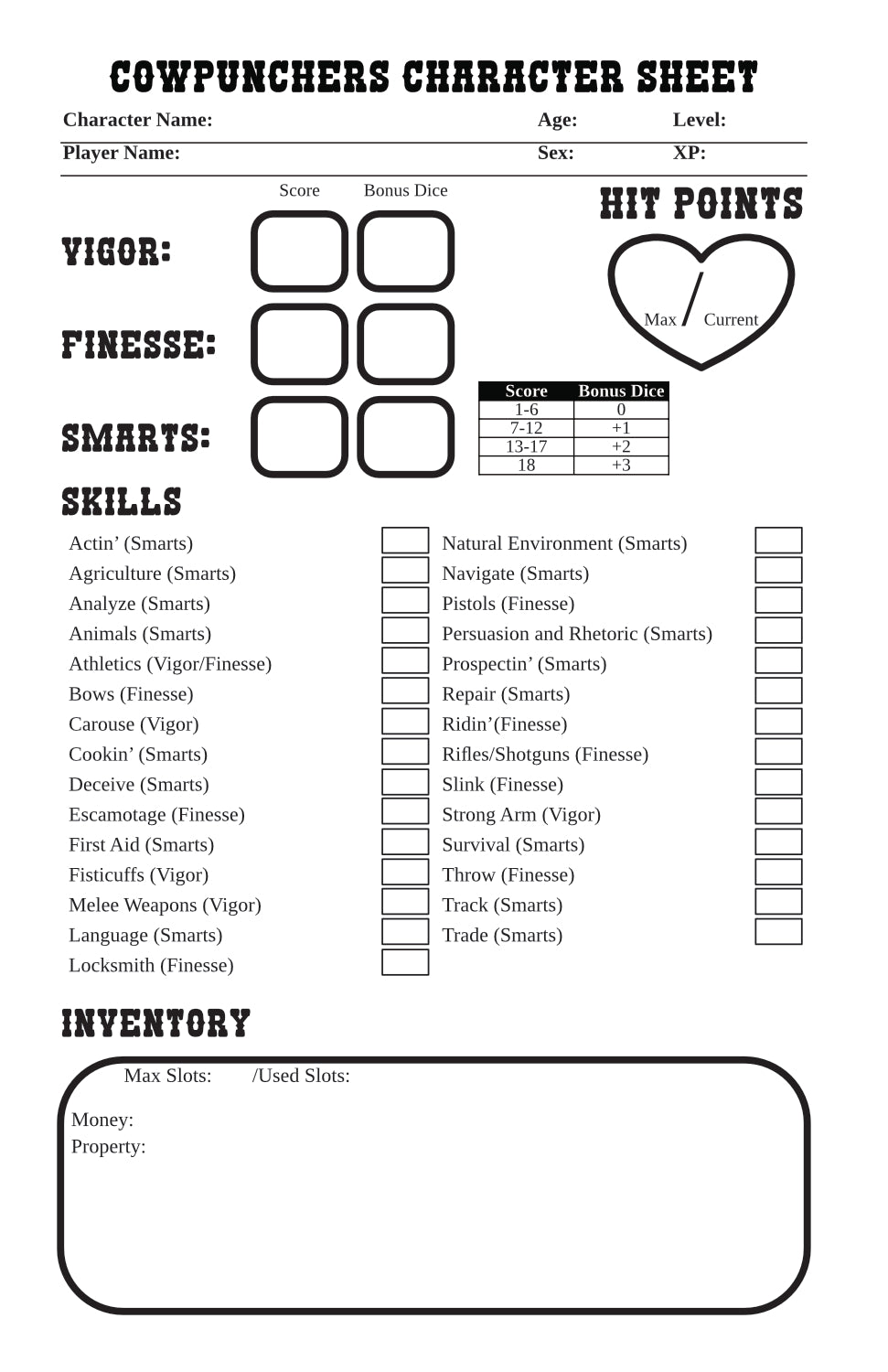 Cowpunchers Reloaded Character Sheet
