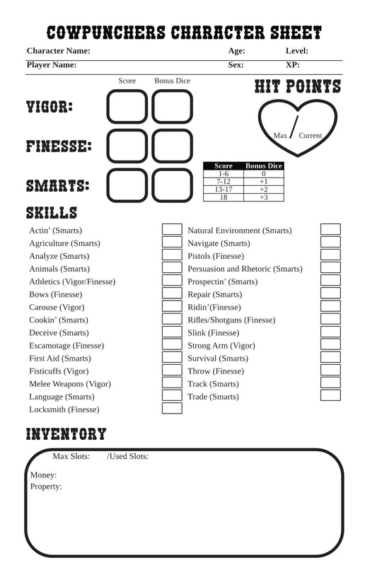 Cowpunchers Reloaded Character Sheet